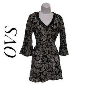 OVS Small Italian Cotton Tunic Bikini Coverup Dress Black White Floral Paisely P